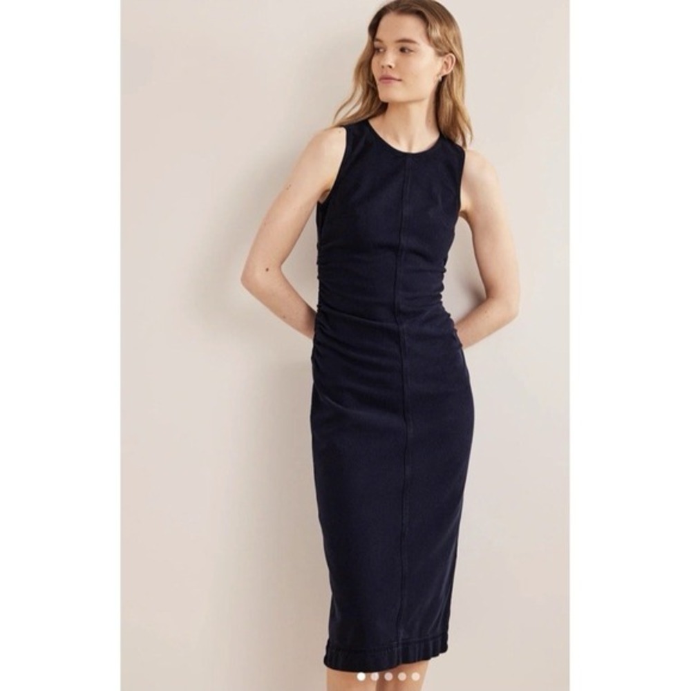 Boden Side Ruched Sleeveless Column Midi Dress Navy Blue 12 R Career Casual Slit